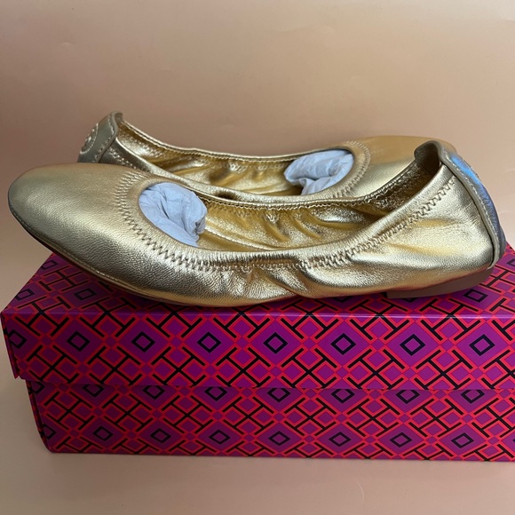 Tory Burch Eddie Gold Nappa Ballet Leather Flats Size 8 - Picture 14 of 16